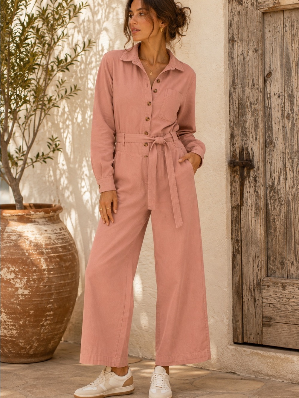 Free Assembly Pink Organic Cotton Utility Jumpsuit Belted Wide Leg S